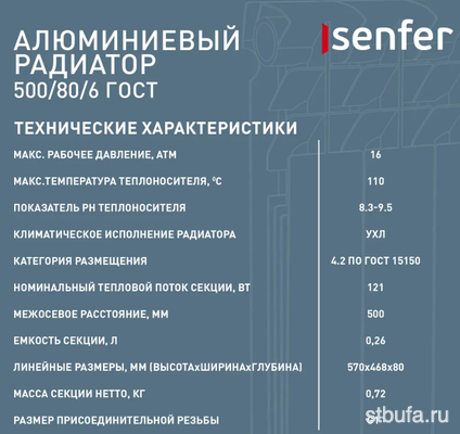 Радиатор SENFER алюминиевый литой 500/80 6 сек.