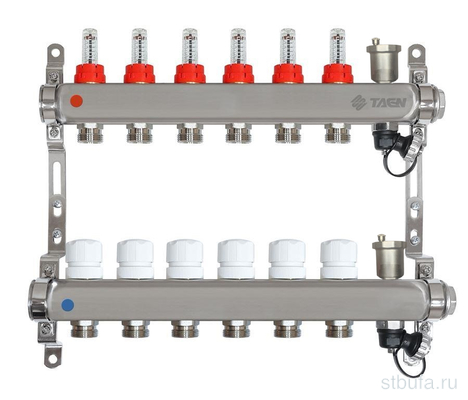 Коллекторная группа TAEN (нерж) 1x3/4x6 вых. (расх., рег.клапаны, авт.воздух-к, дрен.клапан)