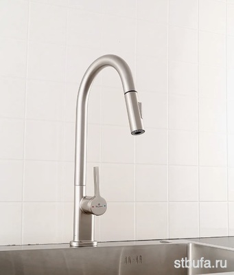 Смеситель для кухни с вытяжной лейкой DIADONNA D60-0005S сатин, нерж. сталь, гайка (1/10)