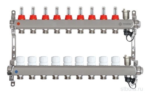 Коллекторная группа TAEN (нерж) 1x3/4x9 вых. (расх., рег.клапаны, авт.воздух-к, дрен.клапан)