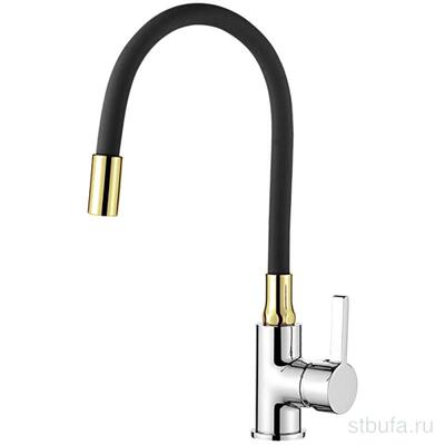 Смеситель для кухни LEDEME L4898-10 с силиконовым изливом, латунь, чёрный+золото+хром (1/10)