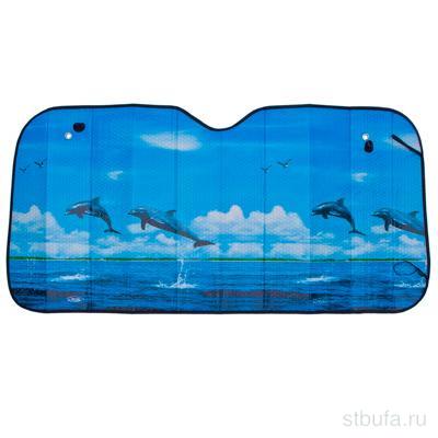 Шторка солнцезащитная на лобовое стекло,130*60  Дельфины 