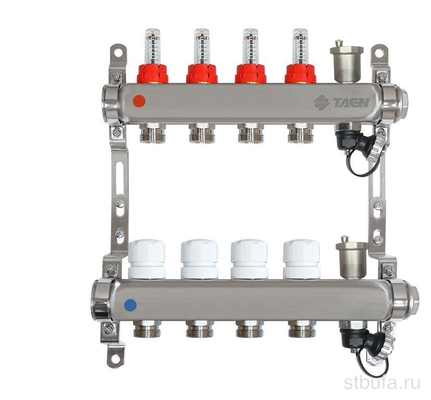 Коллекторная группа TAEN (нерж) 1x3/4x4 вых. (расх., рег.клапаны, авт.воздух-к, дрен.клапан)